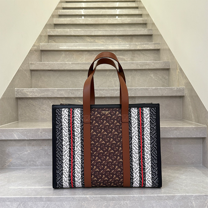 burberry monogram stripe canvas leather trim tote bag